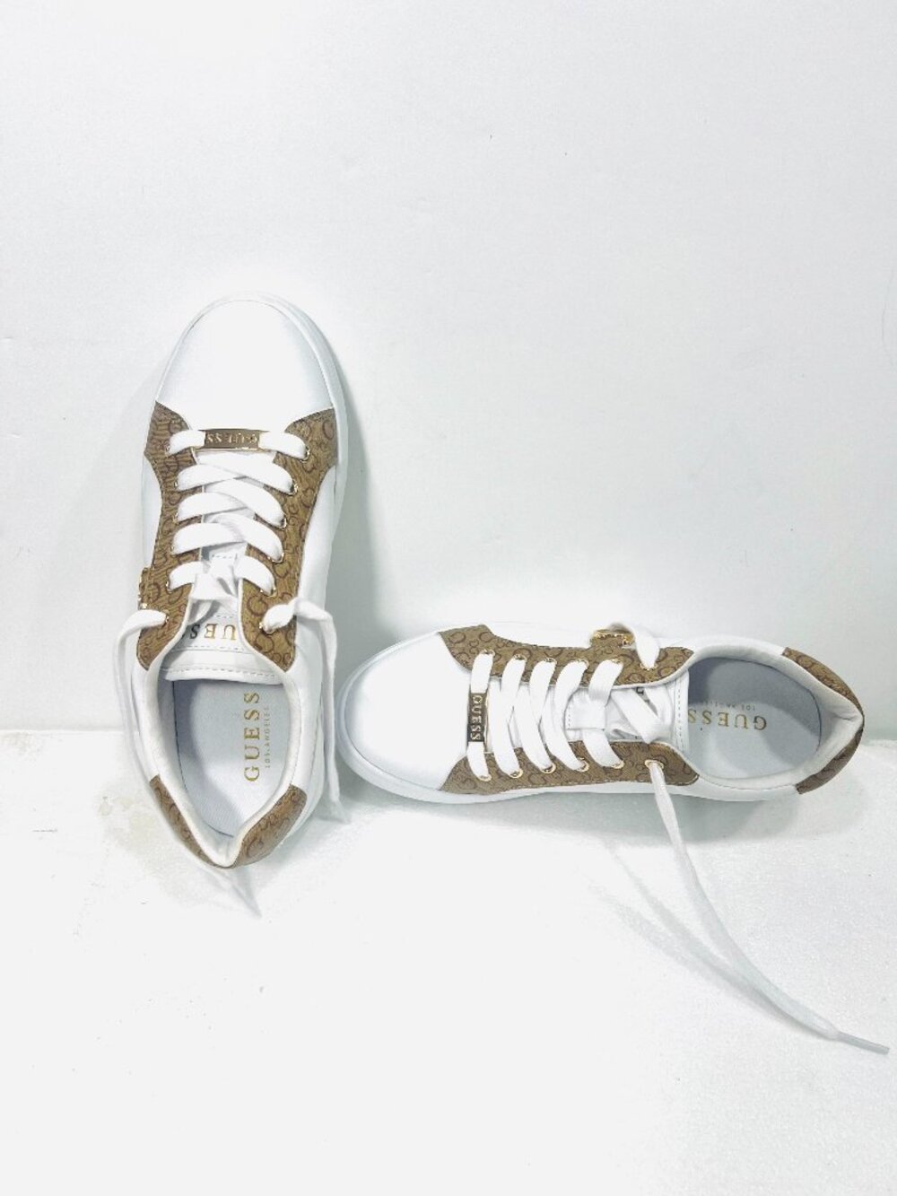GUESS Logo Print Buckle Accent Lace-Up white Brown Gold Women's Sneakers